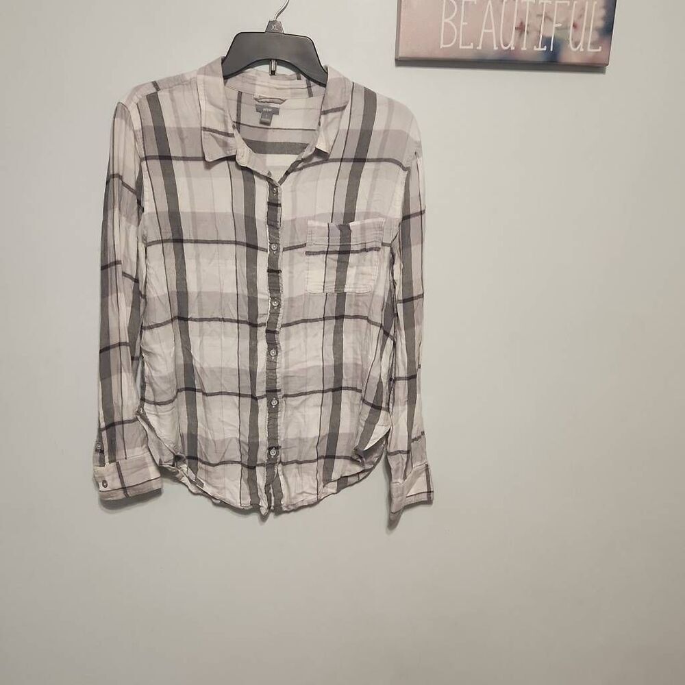 American Eagle Size S White Gray Purple Plaid Flannel